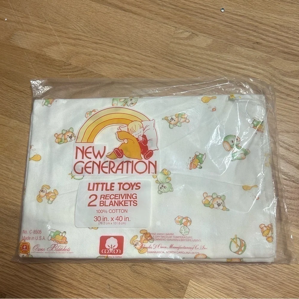 Vintage New Generation 2 Receiving Blankets NEW 100% Cotton Bear Train Baby